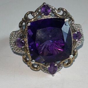 925 sterling silver ring HUGE cushion cut purple amethyst 10ct art deco cocktail